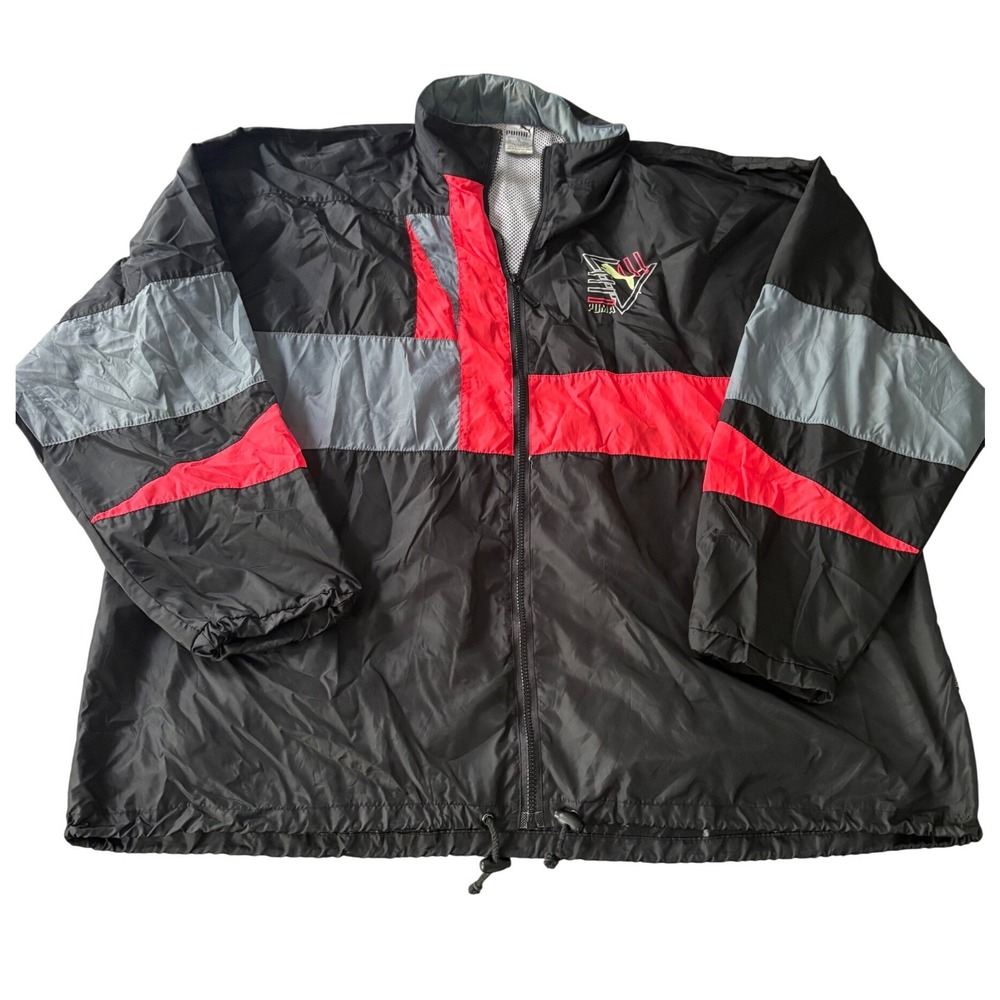 VTG 90s Puma Geometric Colorblock Windbreaker Jacket XL Boxy Black  Neon Nylon